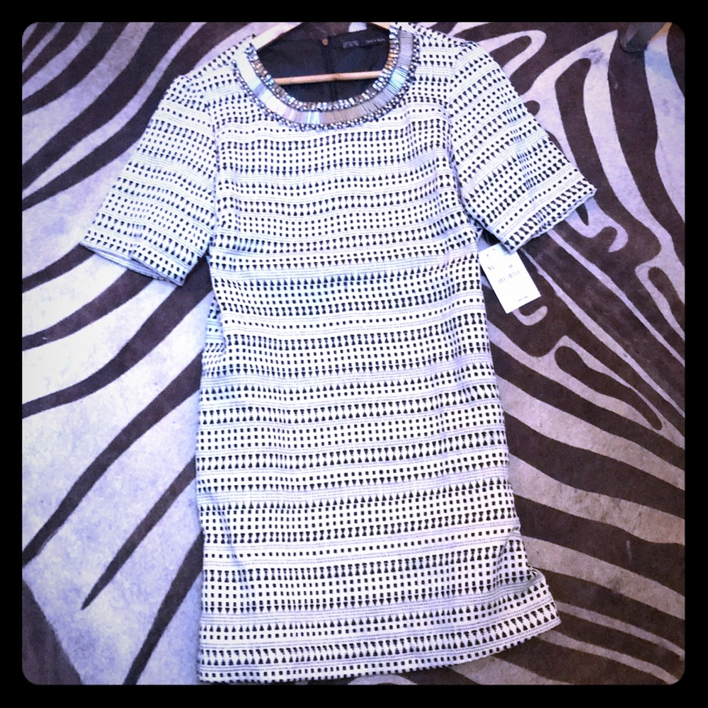 Zara Beaded Black and White Shift Dress XL NWT